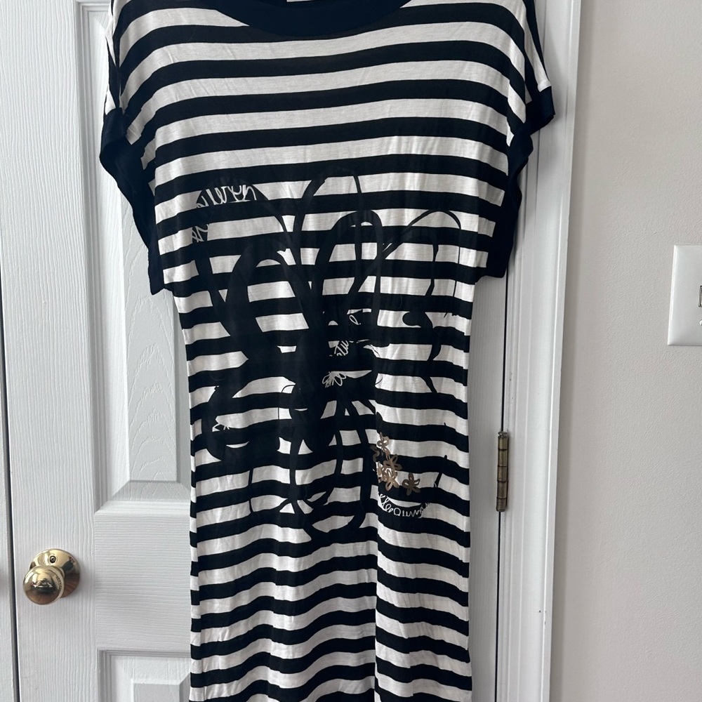 French Boutique Black and White Striped Graphic Dress